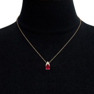 7/8 Carat Pear Shape Ruby and Diamond Necklace In 14 Karat Yellow Gold, 18 Inches