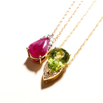 7/8 Carat Pear Shape Ruby and Diamond Necklace In 14 Karat Yellow Gold, 18 Inches