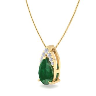 7/8 Carat Pear Shape Emerald Necklace With Diamonds In 14 Karat Yellow Gold, 18 Inch Chain