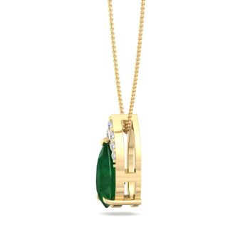 7/8 Carat Pear Shape Emerald Necklace With Diamonds In 14 Karat Yellow Gold, 18 Inch Chain