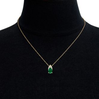 7/8 Carat Pear Shape Emerald Necklace With Diamonds In 14 Karat Yellow Gold, 18 Inch Chain