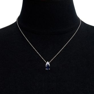 7/8 Carat Pear Shape Sapphire and Diamond Necklace In 14 Karat White Gold, 18 Inches