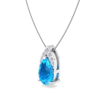 7/8 Carat Pear Shape Blue Topaz and Diamond Necklace In 14 Karat White Gold, 18 Inches