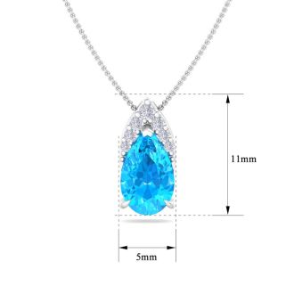 7/8 Carat Pear Shape Blue Topaz and Diamond Necklace In 14 Karat White Gold, 18 Inches