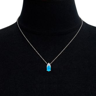 7/8 Carat Pear Shape Blue Topaz and Diamond Necklace In 14 Karat White Gold, 18 Inches