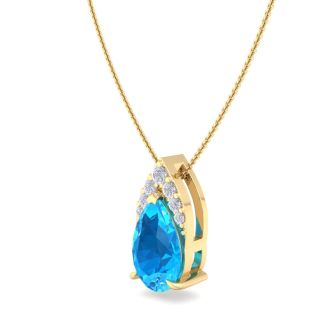 7/8 Carat Pear Shape Blue Topaz and Diamond Necklace In 14 Karat Yellow Gold, 18 Inches