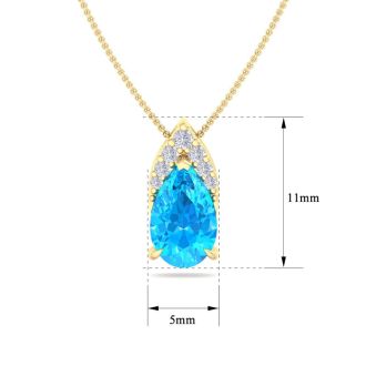 7/8 Carat Pear Shape Blue Topaz and Diamond Necklace In 14 Karat Yellow Gold, 18 Inches
