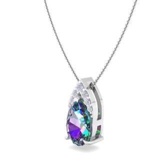 7/8 Carat Pear Shape Mystic Topaz Necklace With Diamonds In 14 Karat White Gold, 18 Inches