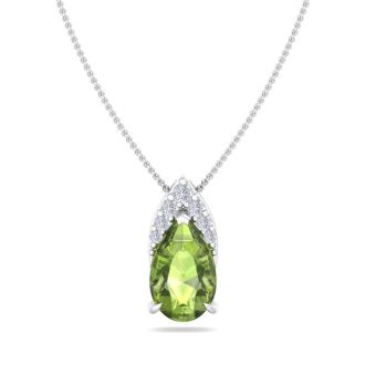 7/8 Carat Pear Shape Peridot and Diamond Necklace In 14 Karat White Gold, 18 Inches