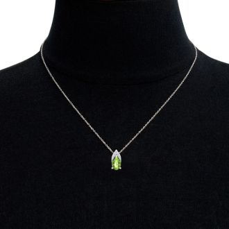 7/8 Carat Pear Shape Peridot and Diamond Necklace In 14 Karat White Gold, 18 Inches