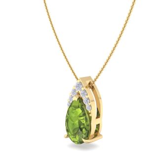 7/8 Carat Pear Shape Peridot and Diamond Necklace In 14 Karat Yellow Gold, 18 Inches