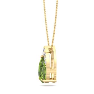 7/8 Carat Pear Shape Peridot and Diamond Necklace In 14 Karat Yellow Gold, 18 Inches