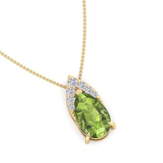 7/8 Carat Pear Shape Peridot and Diamond Necklace In 14 Karat Yellow Gold, 18 Inches