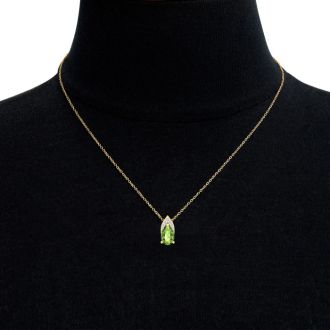 7/8 Carat Pear Shape Peridot and Diamond Necklace In 14 Karat Yellow Gold, 18 Inches