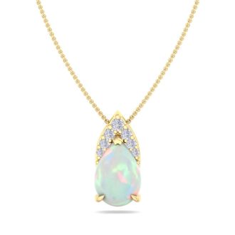 7/8 Carat Pear Shape Opal and Diamond Necklace In 14 Karat Yellow Gold, 18 Inches