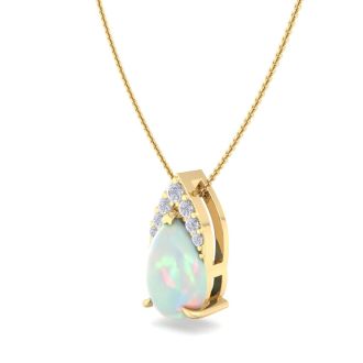 7/8 Carat Pear Shape Opal and Diamond Necklace In 14 Karat Yellow Gold, 18 Inches