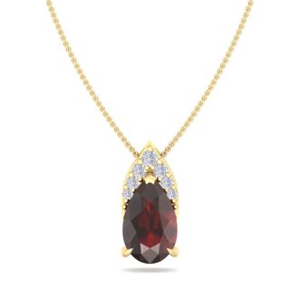 Garnet Necklace: Garnet Jewelry: 7/8 Carat Pear Shape Garnet and Diamond Necklace In 14 Karat Yellow Gold, 18 Inches