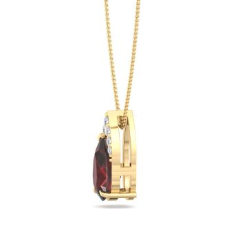Garnet Necklace: Garnet Jewelry: 7/8 Carat Pear Shape Garnet and Diamond Necklace In 14 Karat Yellow Gold, 18 Inches