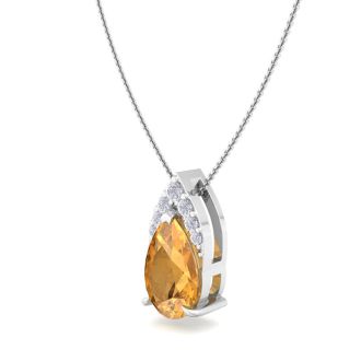 7/8 Carat Pear Shape Citrine and Diamond Necklace In 14 Karat White Gold, 18 Inches