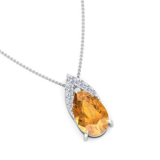 7/8 Carat Pear Shape Citrine and Diamond Necklace In 14 Karat White Gold, 18 Inches