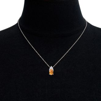 7/8 Carat Pear Shape Citrine and Diamond Necklace In 14 Karat White Gold, 18 Inches