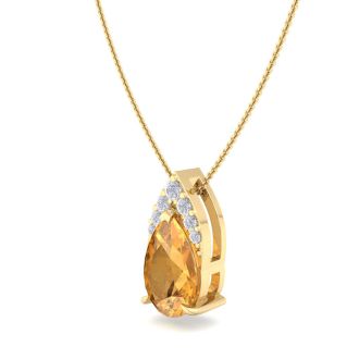 7/8 Carat Pear Shape Citrine and Diamond Necklace In 14 Karat Yellow Gold, 18 Inches