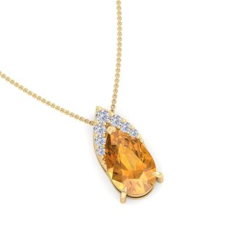 7/8 Carat Pear Shape Citrine and Diamond Necklace In 14 Karat Yellow Gold, 18 Inches