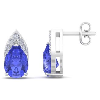 1 3/4 Carat Pear Shape Tanzanite and Diamond Earrings In 14 Karat White Gold