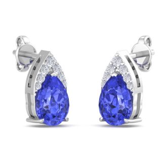 1 3/4 Carat Pear Shape Tanzanite and Diamond Earrings In 14 Karat White Gold