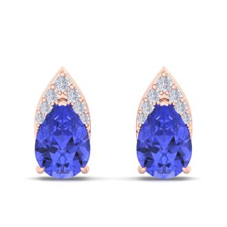 1 3/4 Carat Pear Shape Tanzanite and Diamond Earrings In 14 Karat Rose Gold