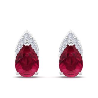 1 3/4 Carat Pear Shape Ruby and Diamond Earrings In 14 Karat White Gold