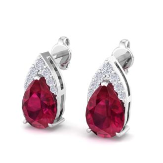 1 3/4 Carat Pear Shape Ruby and Diamond Earrings In 14 Karat White Gold
