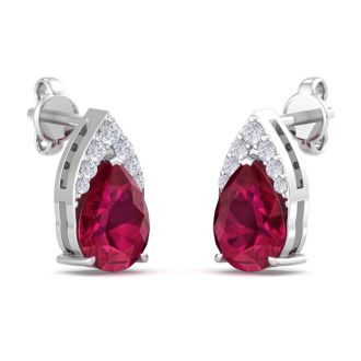 1 3/4 Carat Pear Shape Ruby and Diamond Earrings In 14 Karat White Gold