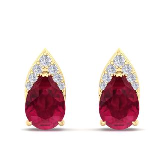 1 3/4 Carat Pear Shape Ruby and Diamond Earrings In 14 Karat Yellow Gold