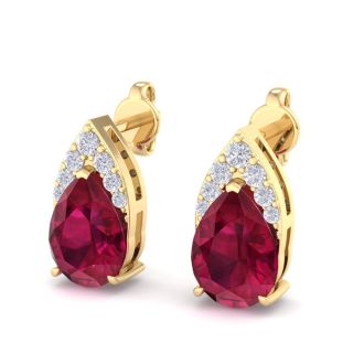 1 3/4 Carat Pear Shape Ruby and Diamond Earrings In 14 Karat Yellow Gold