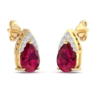 1 3/4 Carat Pear Shape Ruby and Diamond Earrings In 14 Karat Yellow Gold