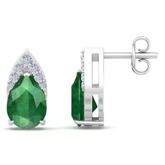 1 3/4 Carat Pear Shape Emerald and Diamond Earrings In 14 Karat White Gold