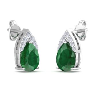 1 3/4 Carat Pear Shape Emerald and Diamond Earrings In 14 Karat White Gold