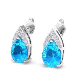 1 3/4 Carat Pear Shape Blue Topaz and Diamond Earrings In 14 Karat White Gold