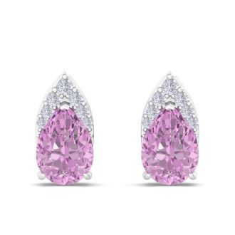 1 3/4 Carat Pear Shape Pink Topaz and Diamond Earrings In 14 Karat White Gold