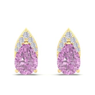 1 3/4 Carat Pear Shape Pink Topaz and Diamond Earrings In 14 Karat Yellow Gold