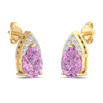 1 3/4 Carat Pear Shape Pink Topaz and Diamond Earrings In 14 Karat Yellow Gold
