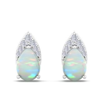 1-3/4 Carat Pear Shape Opal and Diamond Earrings  In 14 Karat White Gold