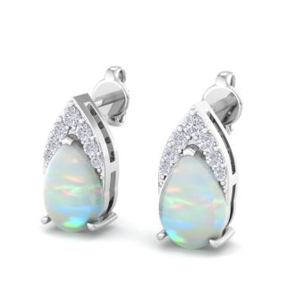 1-3/4 Carat Pear Shape Opal and Diamond Earrings  In 14 Karat White Gold