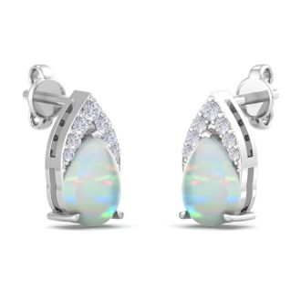 1-3/4 Carat Pear Shape Opal and Diamond Earrings  In 14 Karat White Gold