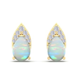 1-3/4 Carat Pear Shape Opal and Diamond Earrings  In 14 Karat Yellow Gold