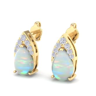 1-3/4 Carat Pear Shape Opal and Diamond Earrings  In 14 Karat Yellow Gold