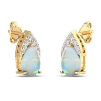 1-3/4 Carat Pear Shape Opal and Diamond Earrings  In 14 Karat Yellow Gold