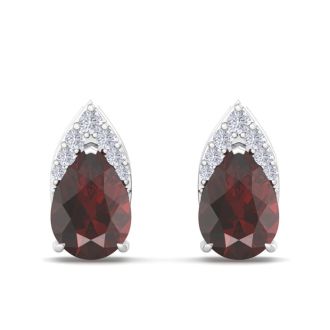 Garnet Earrings: Garnet Jewelry: 1 3/4 Carat Pear Shape Garnet and Diamond Earrings In 14 Karat White Gold
