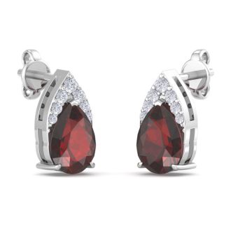 Garnet Earrings: Garnet Jewelry: 1 3/4 Carat Pear Shape Garnet and Diamond Earrings In 14 Karat White Gold
